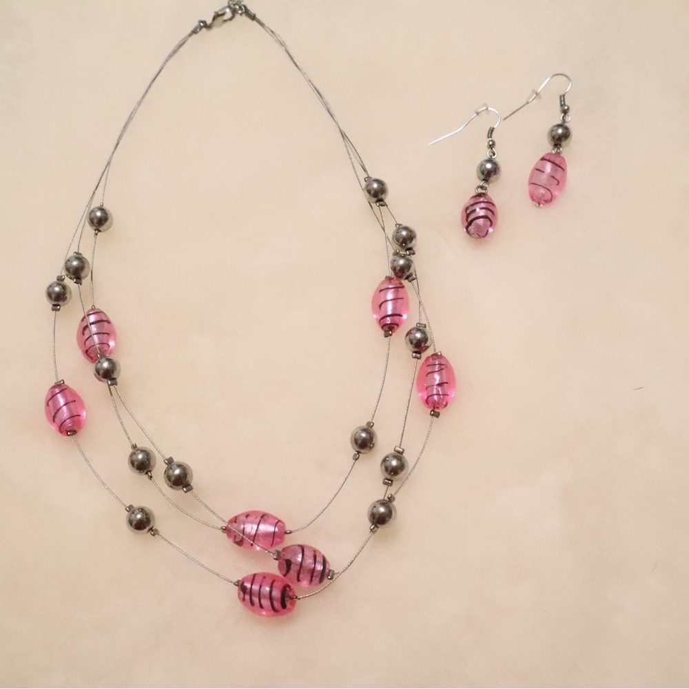 Murano Pink and Silver Necklace Set